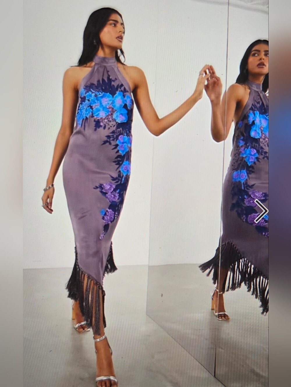 Stunning ASOS EDITION Halter Neck Purple Floral Fringe Midi Dress, Size 14